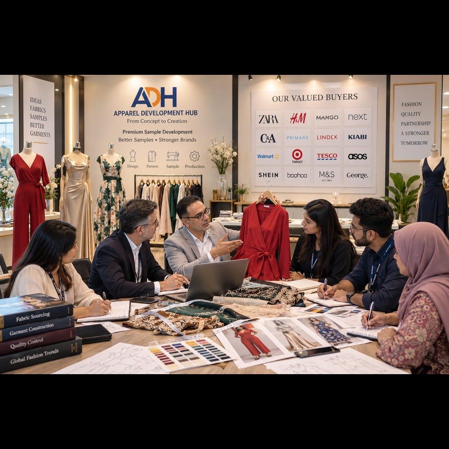 Fashion apparel development meeting with garment samples and buyer presentations