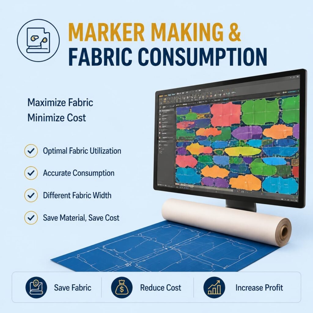 Marker making and fabric consumption for optimal fabric utilization, accurate garment costing, and reduced material waste